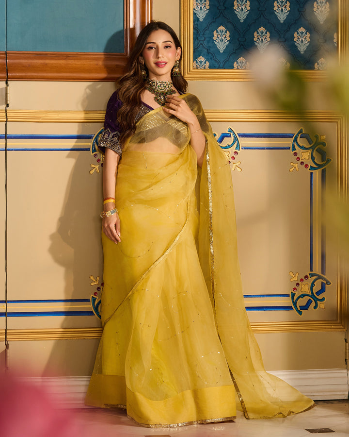 Meher Purple Embroidered Satin Aangi Blouse And Saree