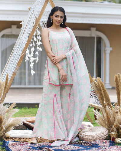 Kinaaz Sea Green Printed Georgette Sharara Set