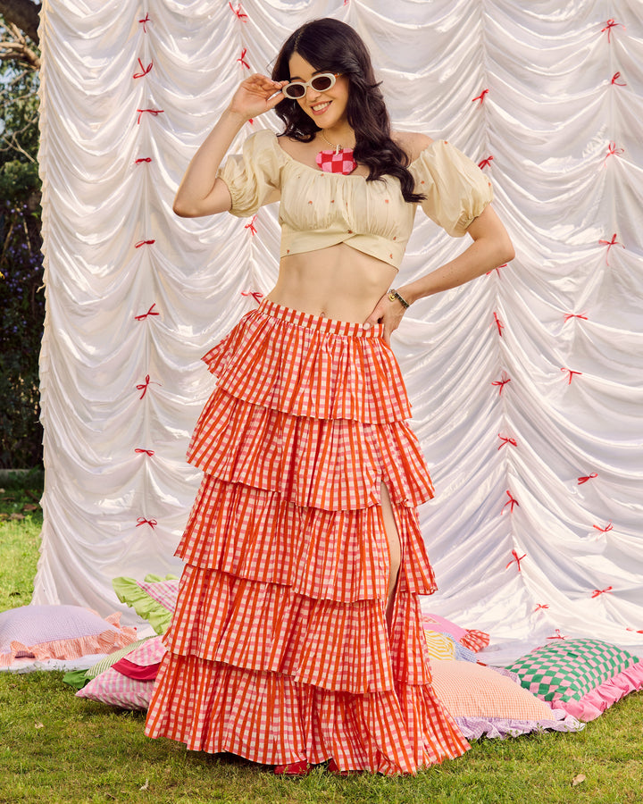 Savana Orange Embroidered Cotton Checks Printed Coord Set