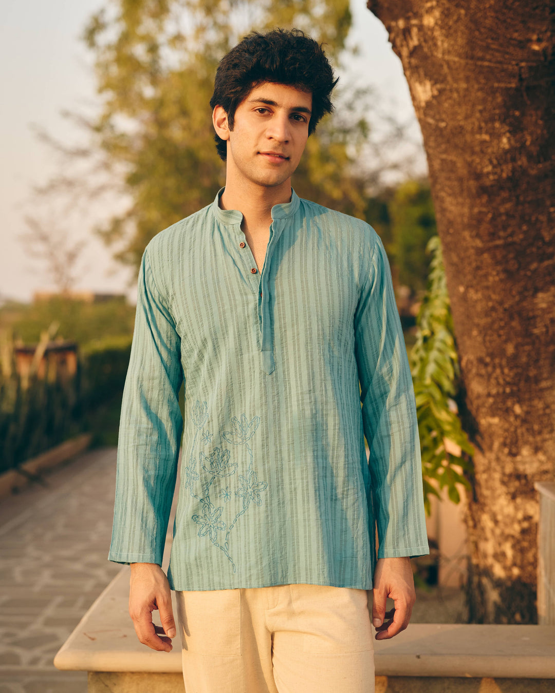Beno Blue Cotton Dobby Embroidered Shirt