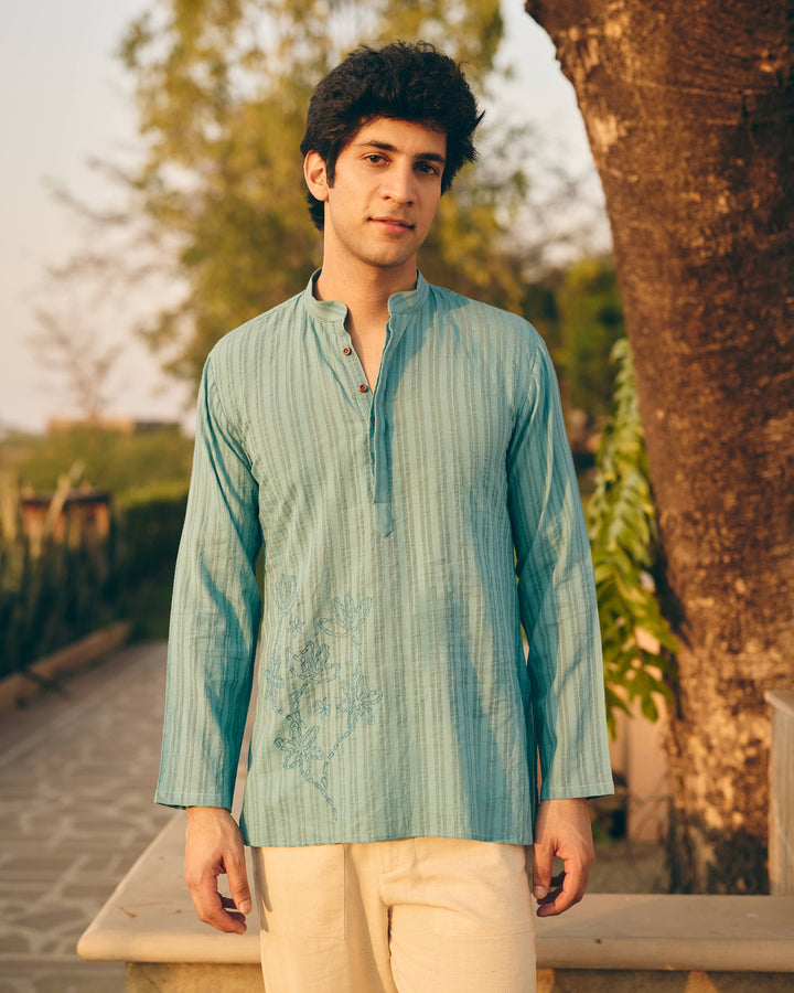 Beno Blue Cotton Dobby Embroidered Shirt