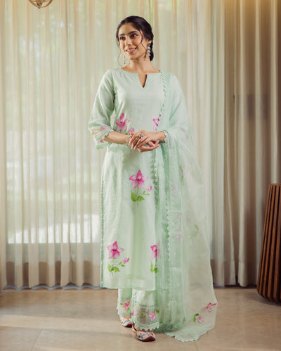 Mirage Mint Green Handpainted Chanderi Suit Set