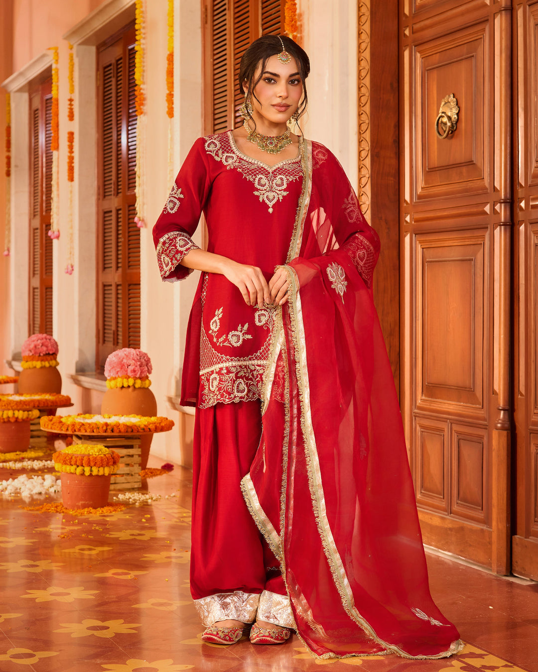 Shubhika Red Embroidered Chanderi Farsi Salwar Set