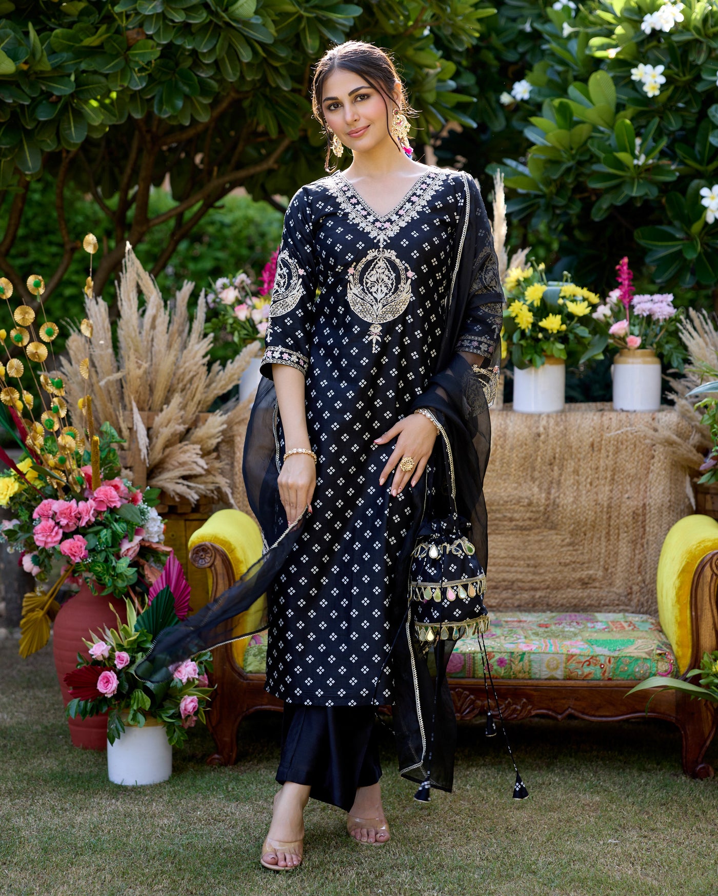 Mantra Black Bandhani Chanderi Suit Set