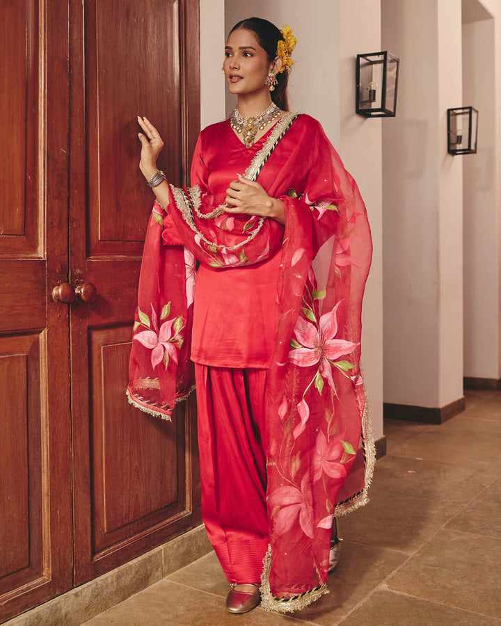 Moon Red Handpainted Satin Farsi Salwar Set