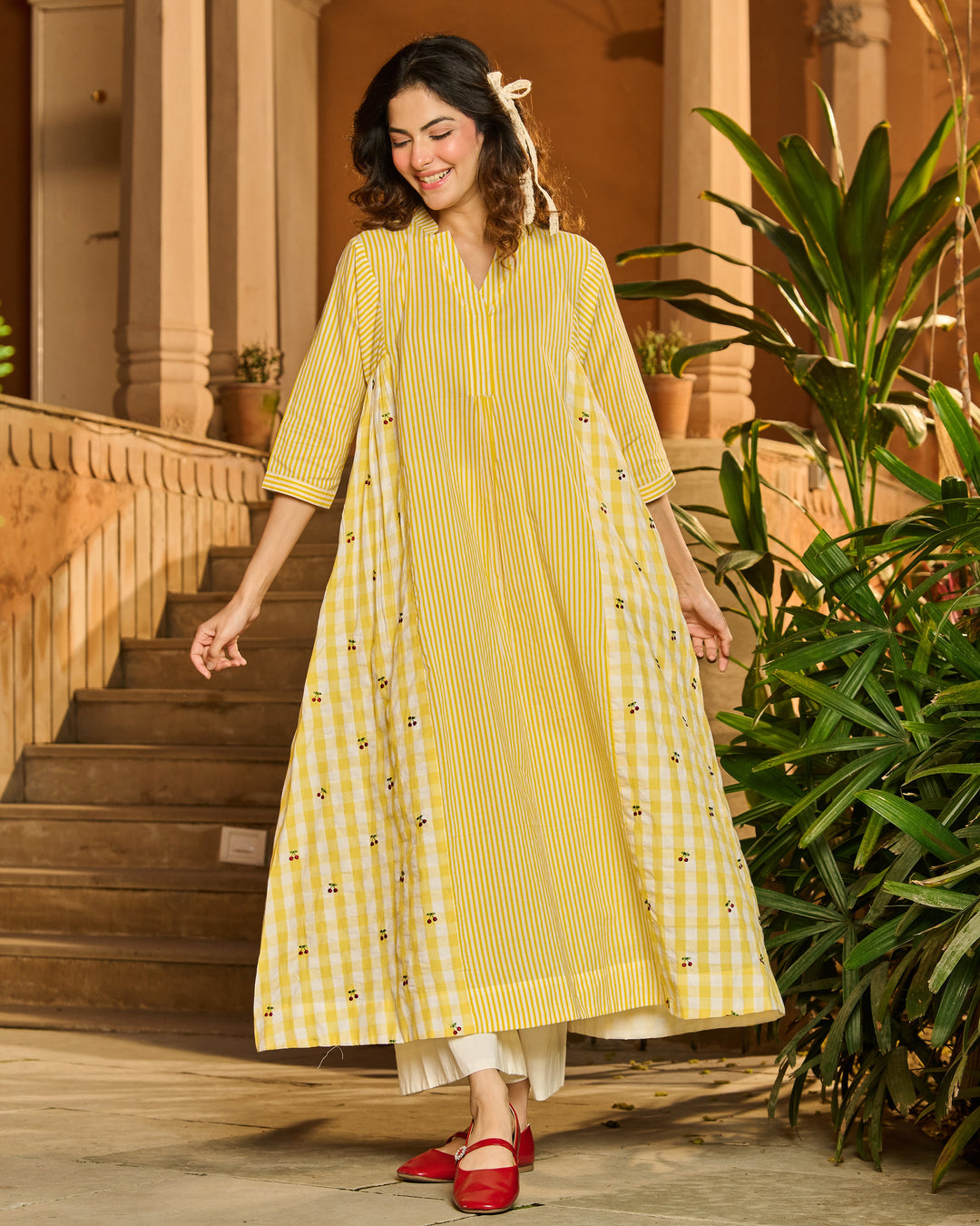 Elise Yellow Printed Stripes and Checks Cotton Kurta Set