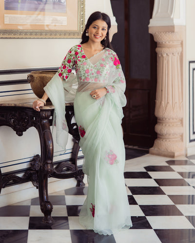 Luxe Mint Green Embroidered Organza Saree