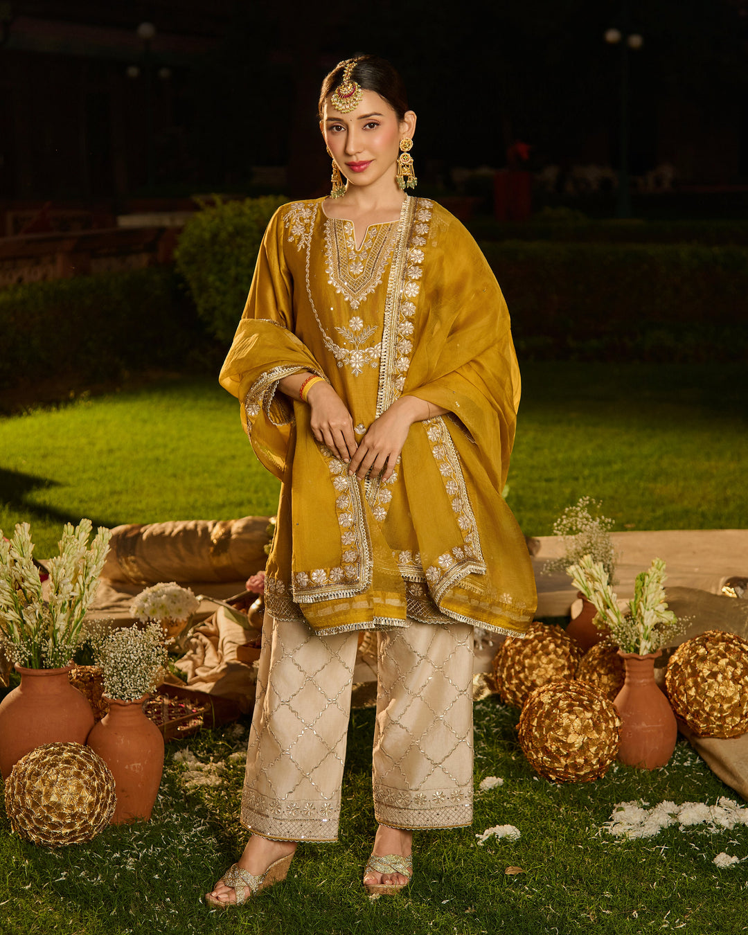 Aarvika Mustard Beige Embroidered Chanderi Suit Set