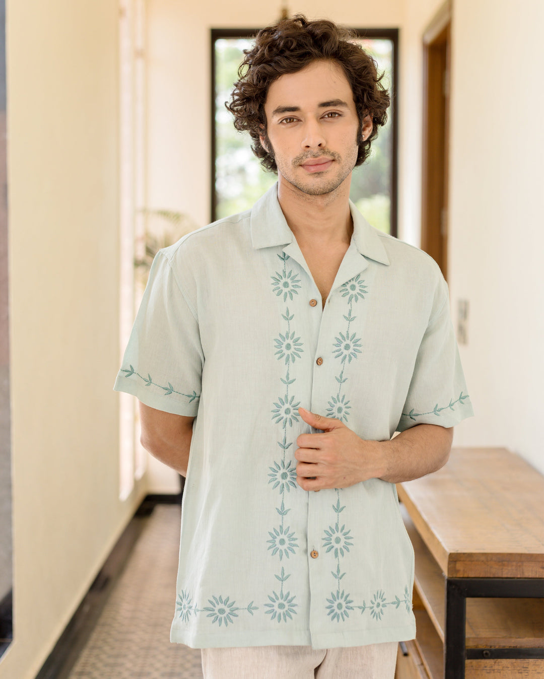 Kaiven Pastel Blue Embroidered Cotton Flex Shirt