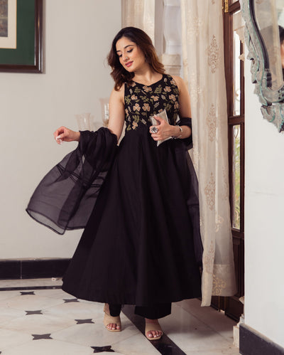 Shadow Black Embroidered Cotton Suit Set