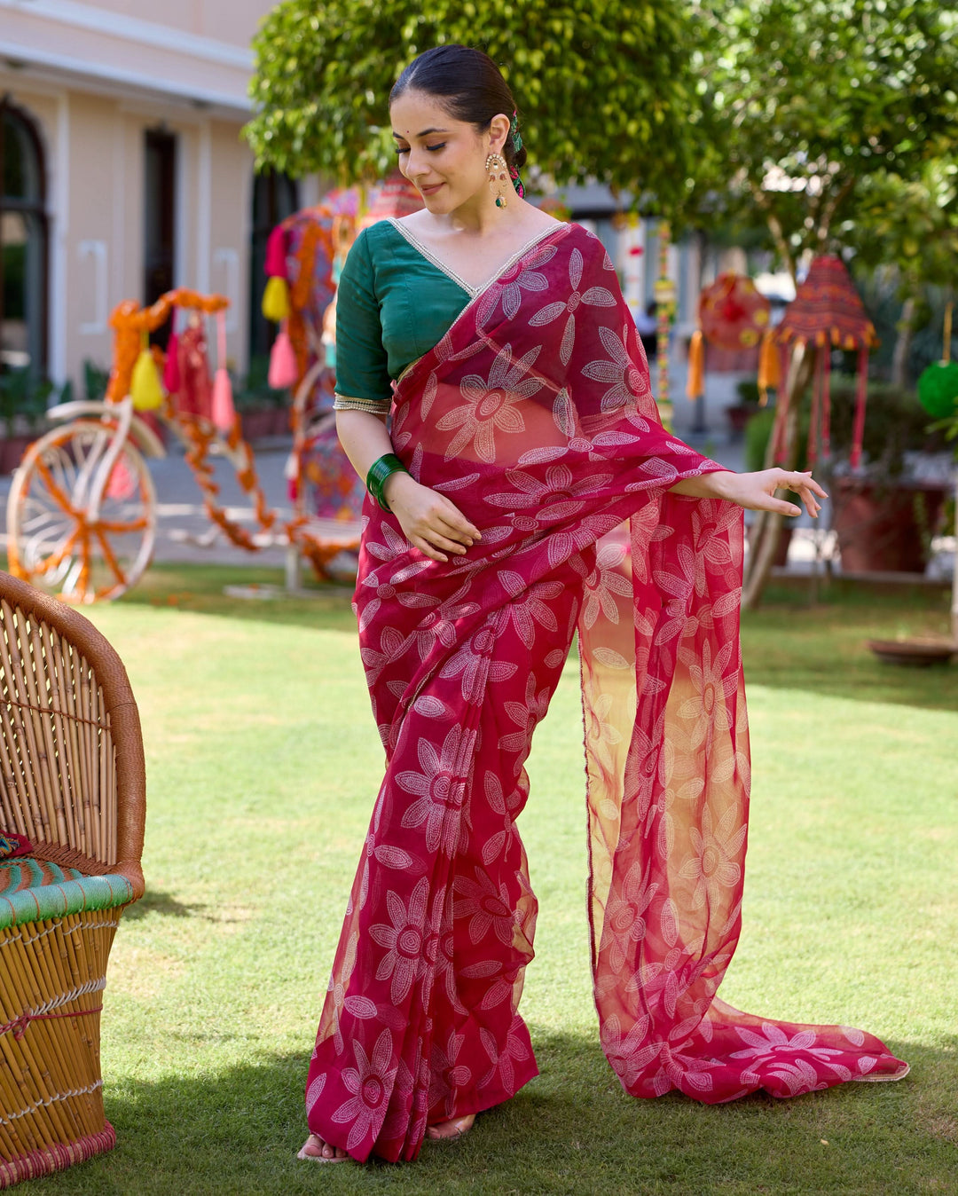 Mugdha Pink Bandhani Organza Saree