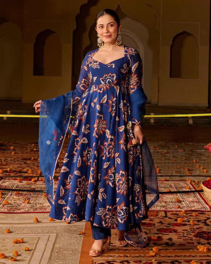 Saba Blue Printed Chanderi Suit Set