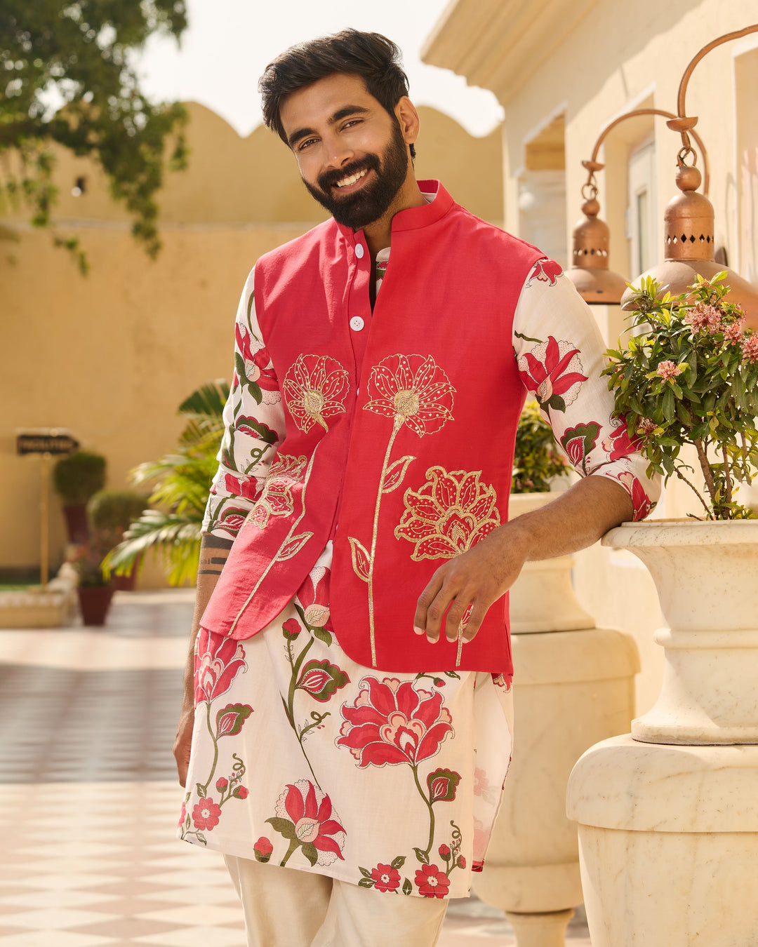 Nirav Pink Embroidered Chanderi Jacket And Printed Kurta Set