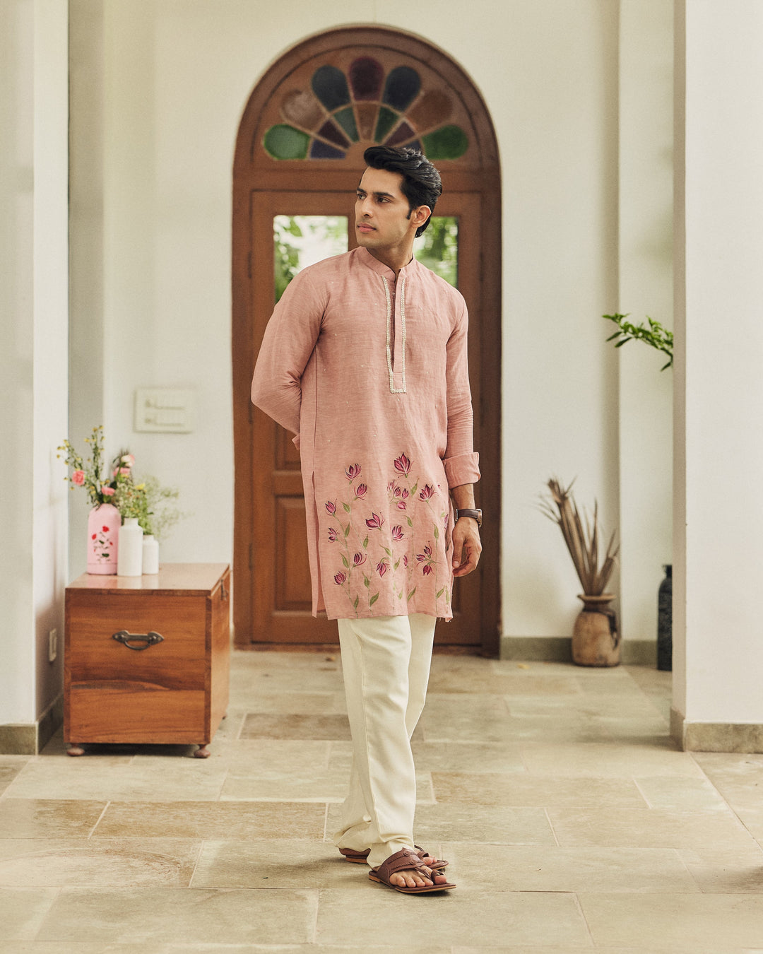 Rishan Peach Handpainted Silk Kurta