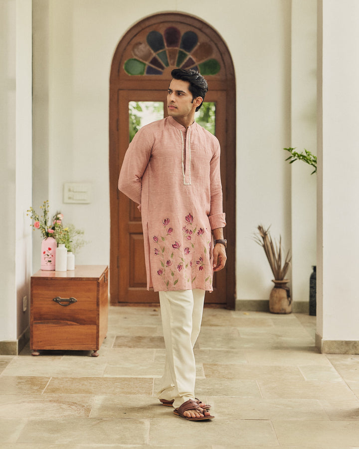 Rishan Peach Handpainted Silk Kurta