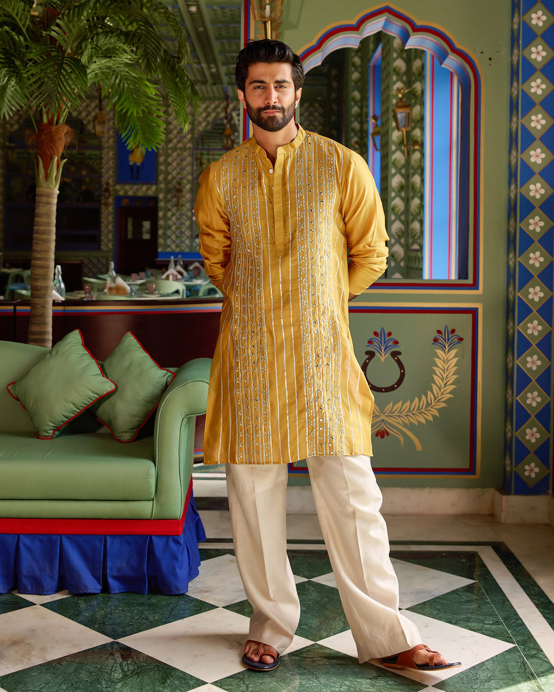 Vardhan Mustard Chanderi Embroidered Kurta