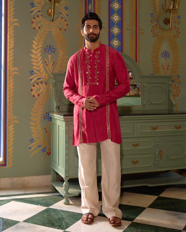 Devdas Pink Silk Embroidered Kurta