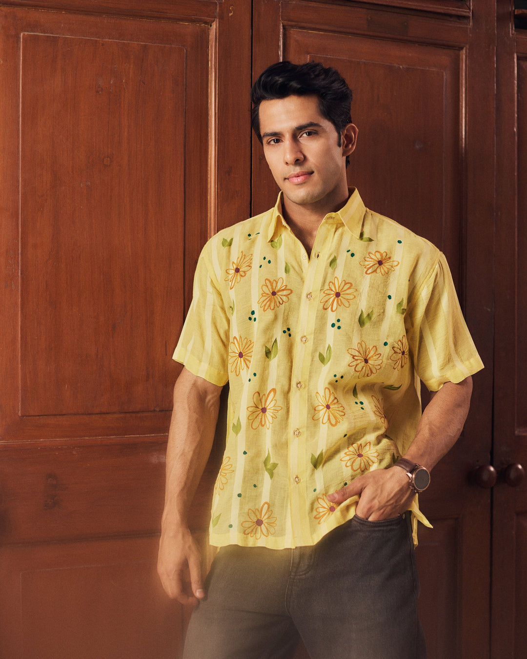Prashant Yellow Cotton Dobby Handpainted Shirt