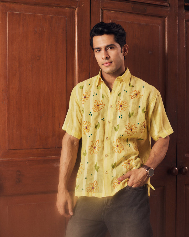 Prashant Yellow Cotton Dobby Handpainted Shirt