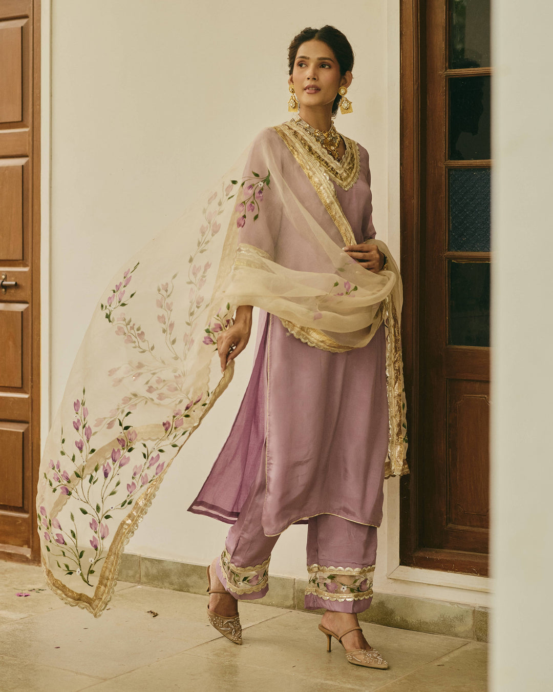 Zoyra Purple Handpainted Viscose Organza Suit Set