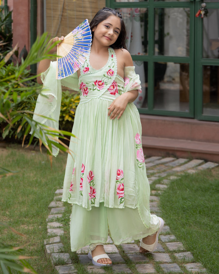 Nola Green Handpainted Georgette Suit Set