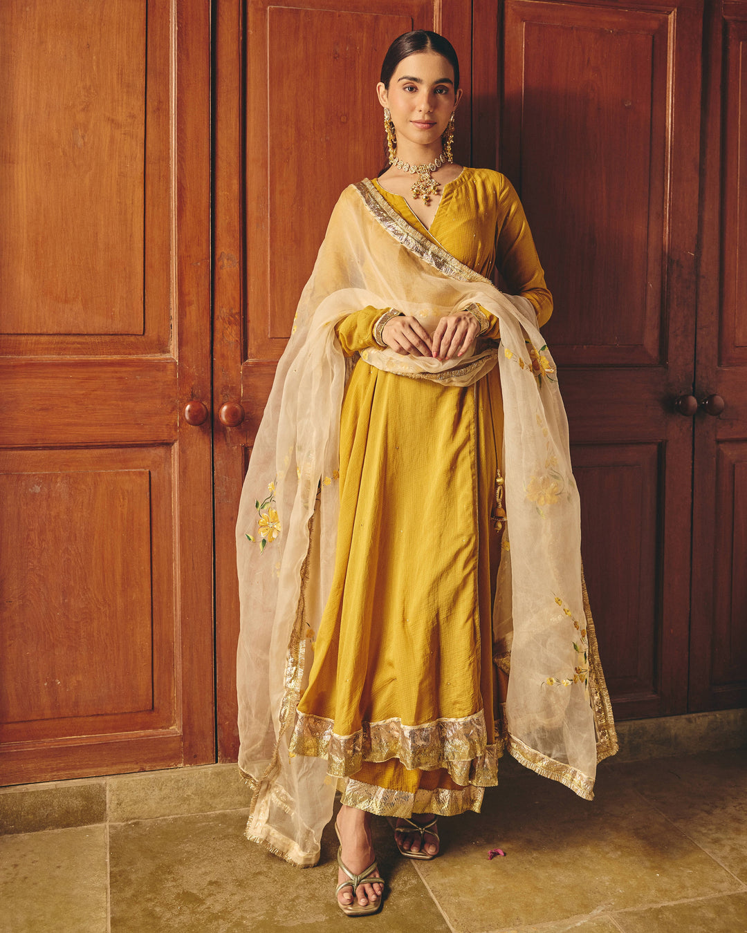 Alekya Mustard Handpainted Cotton Checks Suit Set