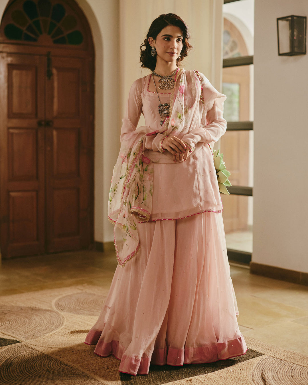 Sarthak Beige Handpainted Viscose Organza Suit Set