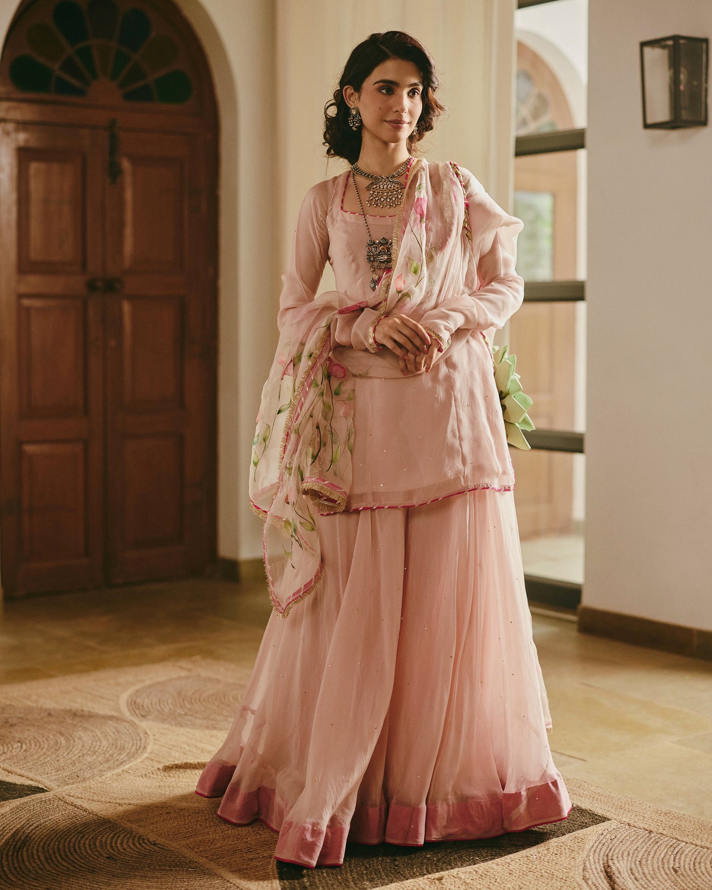 Sarthak Beige Handpainted Viscose Organza Suit Set