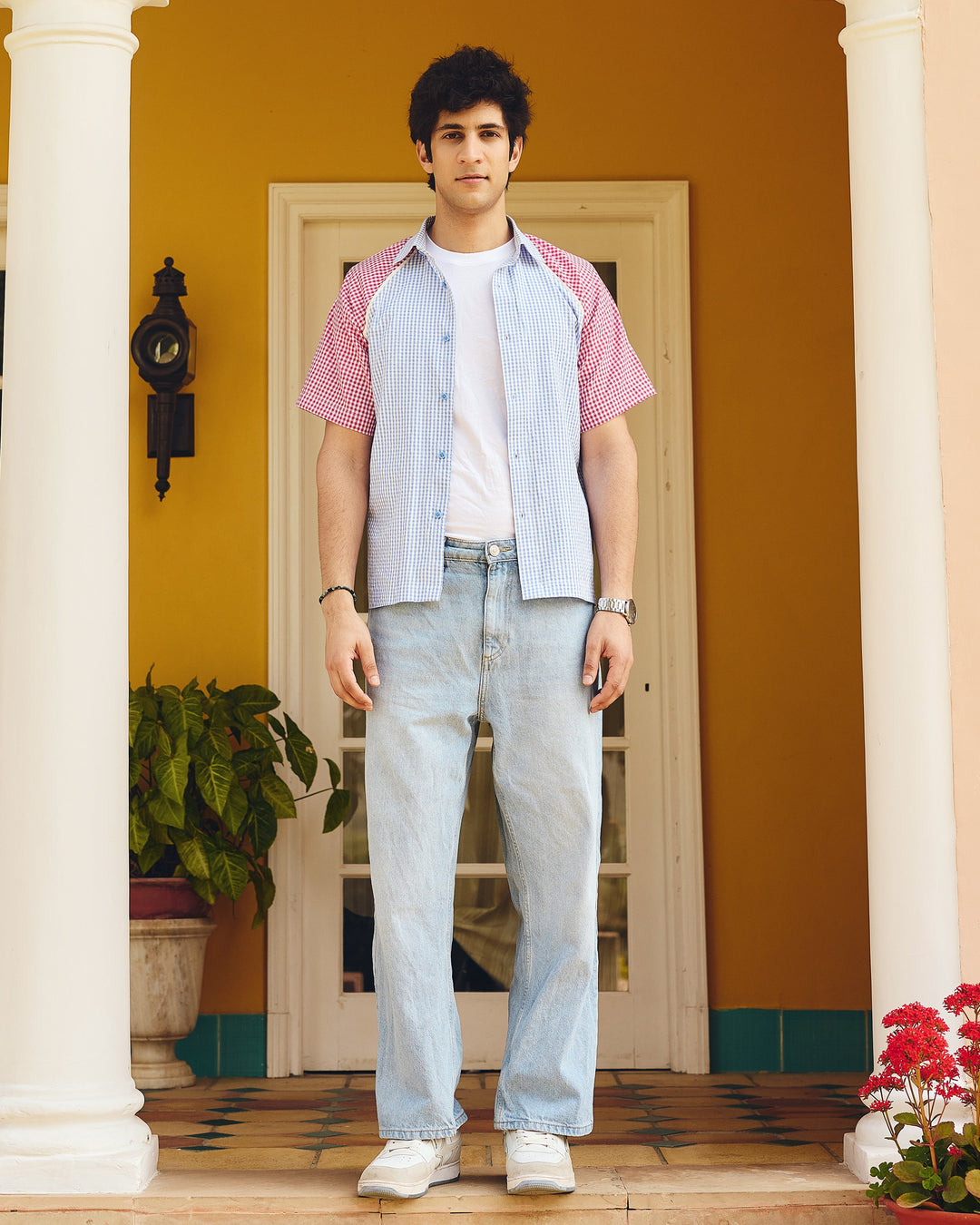 Rian Blue and Pink Cotton Checks Printed Shirt