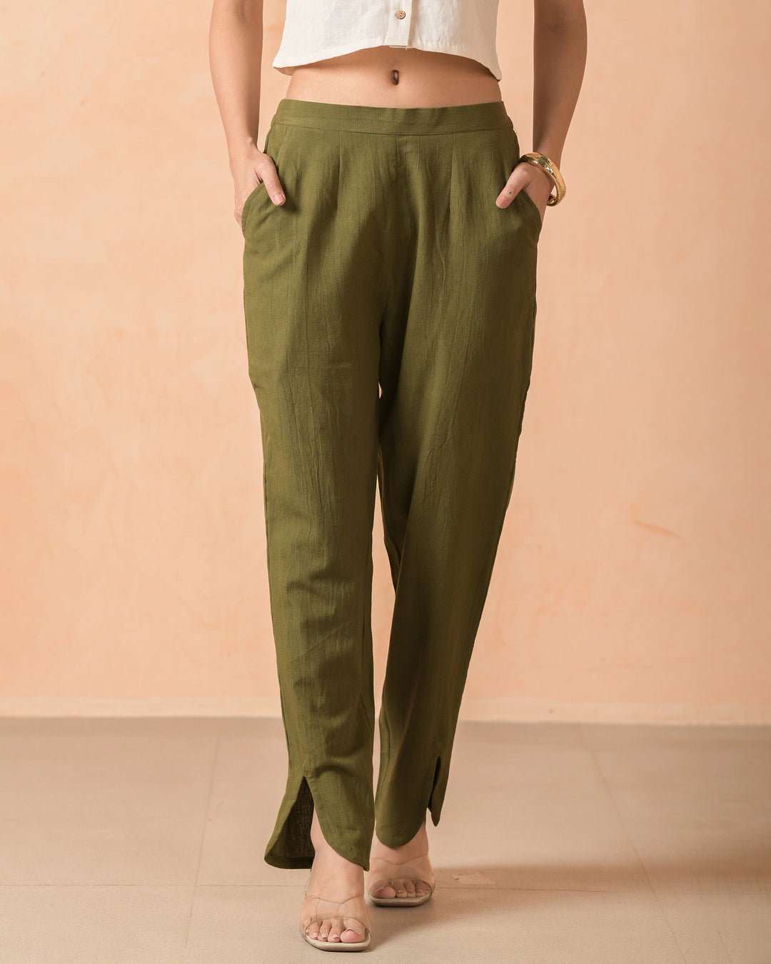 Aruvi Olive Flex Solid Straight Pants