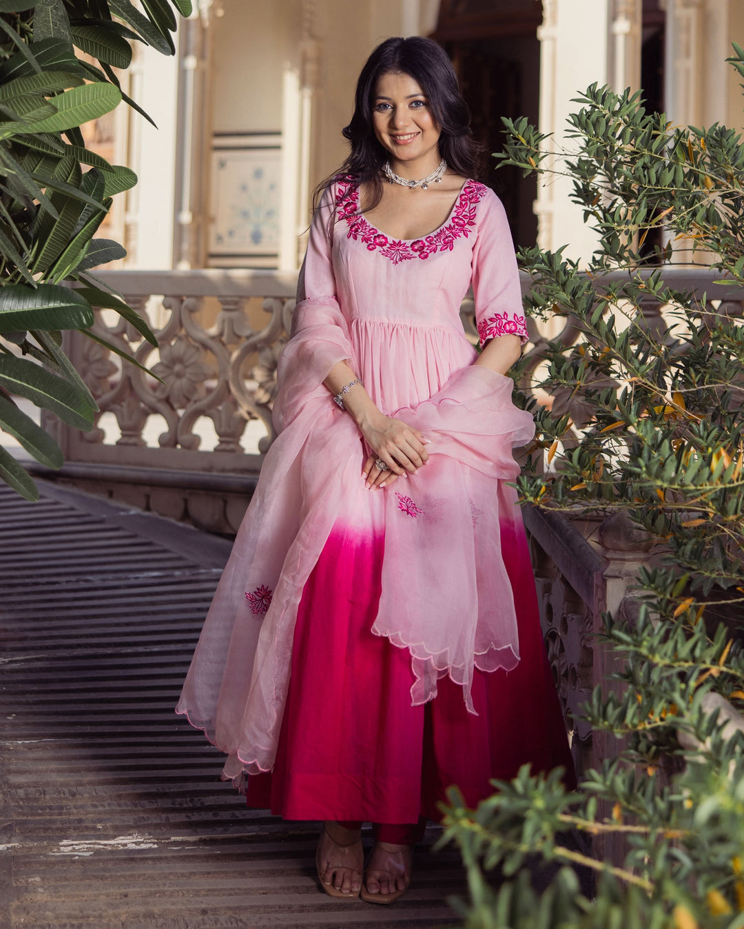 Sweetheart Pink Ombre Embroidered Chanderi Suit Set