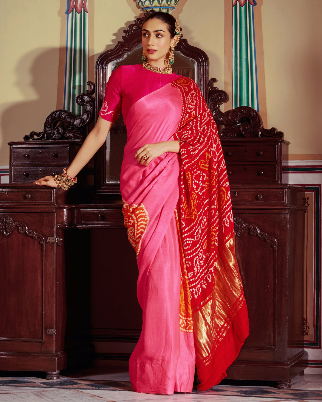Sugandh Pink Kajol Bandhej Silk Saree