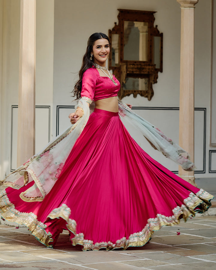 Kalvani Pink Handpainted Satin Lehenga Set