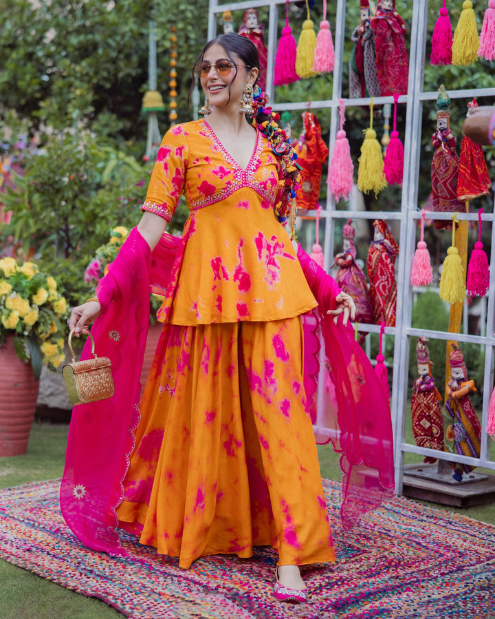 Ritu Orange Pink Tie Dye Muslin Sharara Set