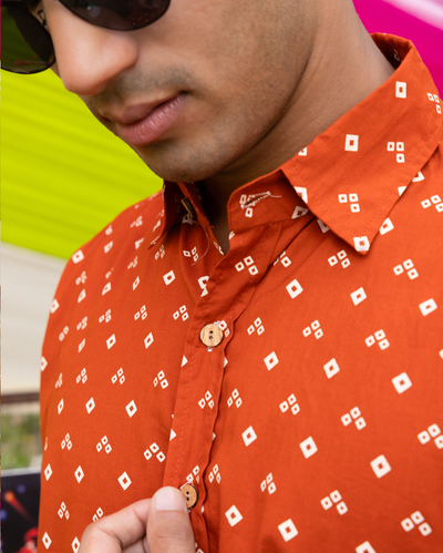 Sharvik Orange Bandhani Cotton Shirt