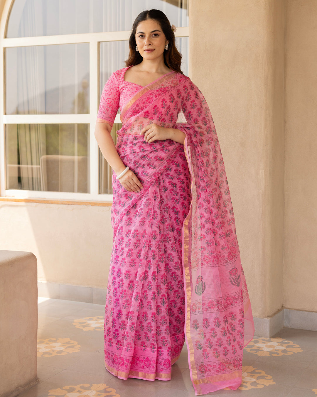 Rose Pink Doria Printed Saree