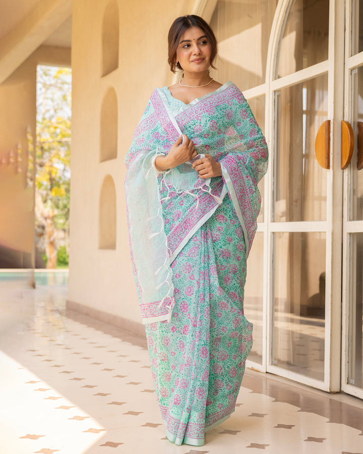 Kamalini Sea Green Doria Printed Saree