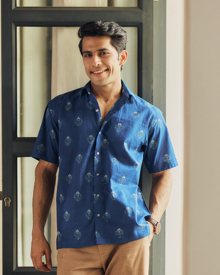 Gulrez Navy Blue Printed Cotton Shirt