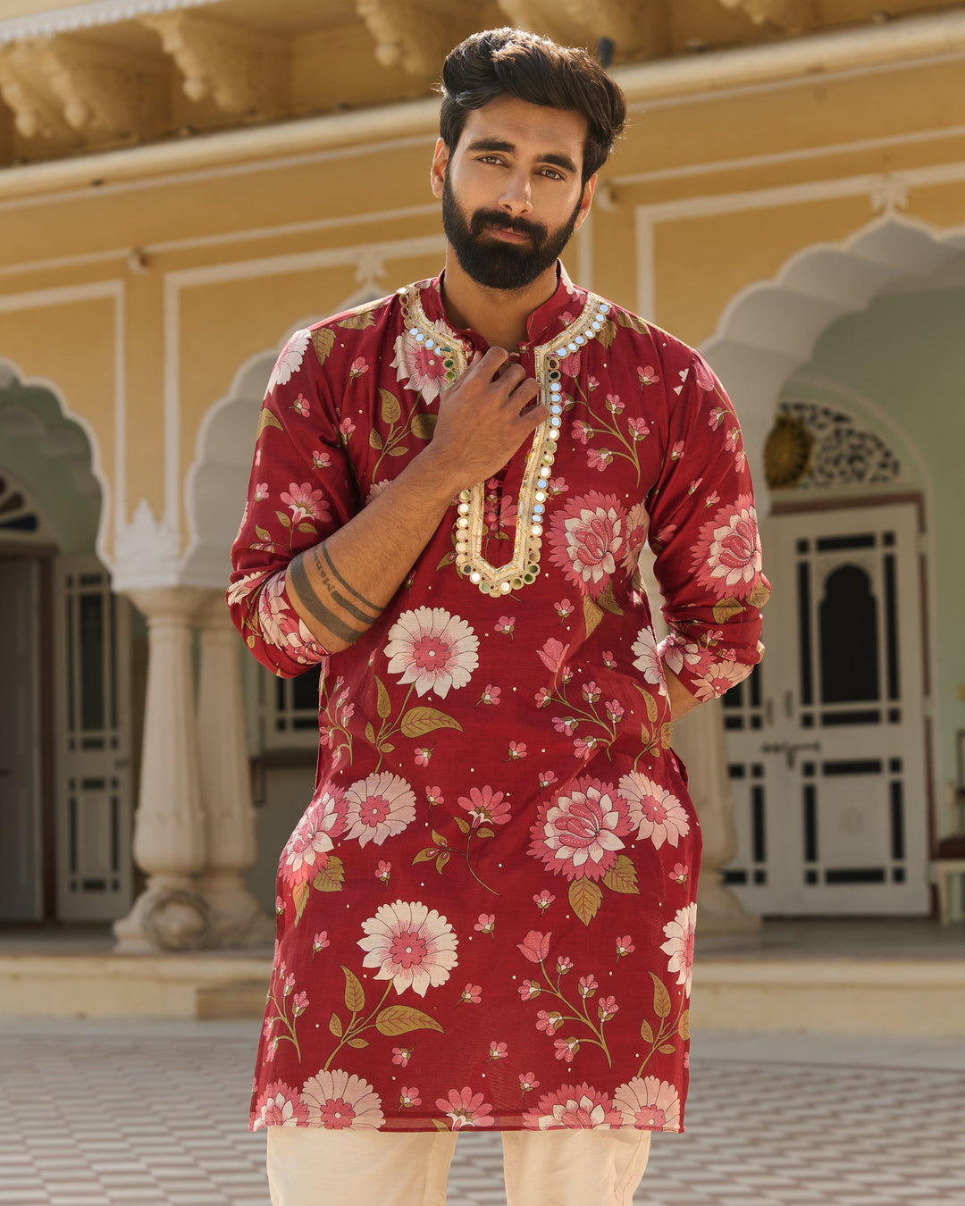 Dev Maroon Printed Chanderi Kurta