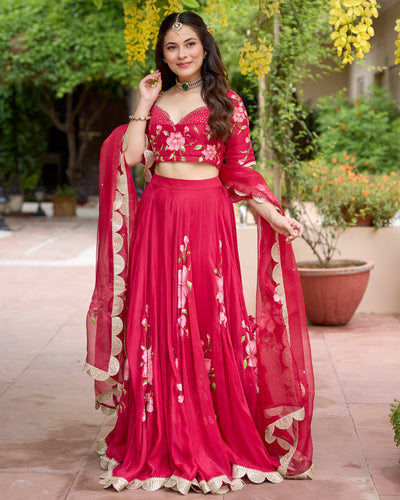 Gudhal Red Handpainted Crepe Lehenga Set
