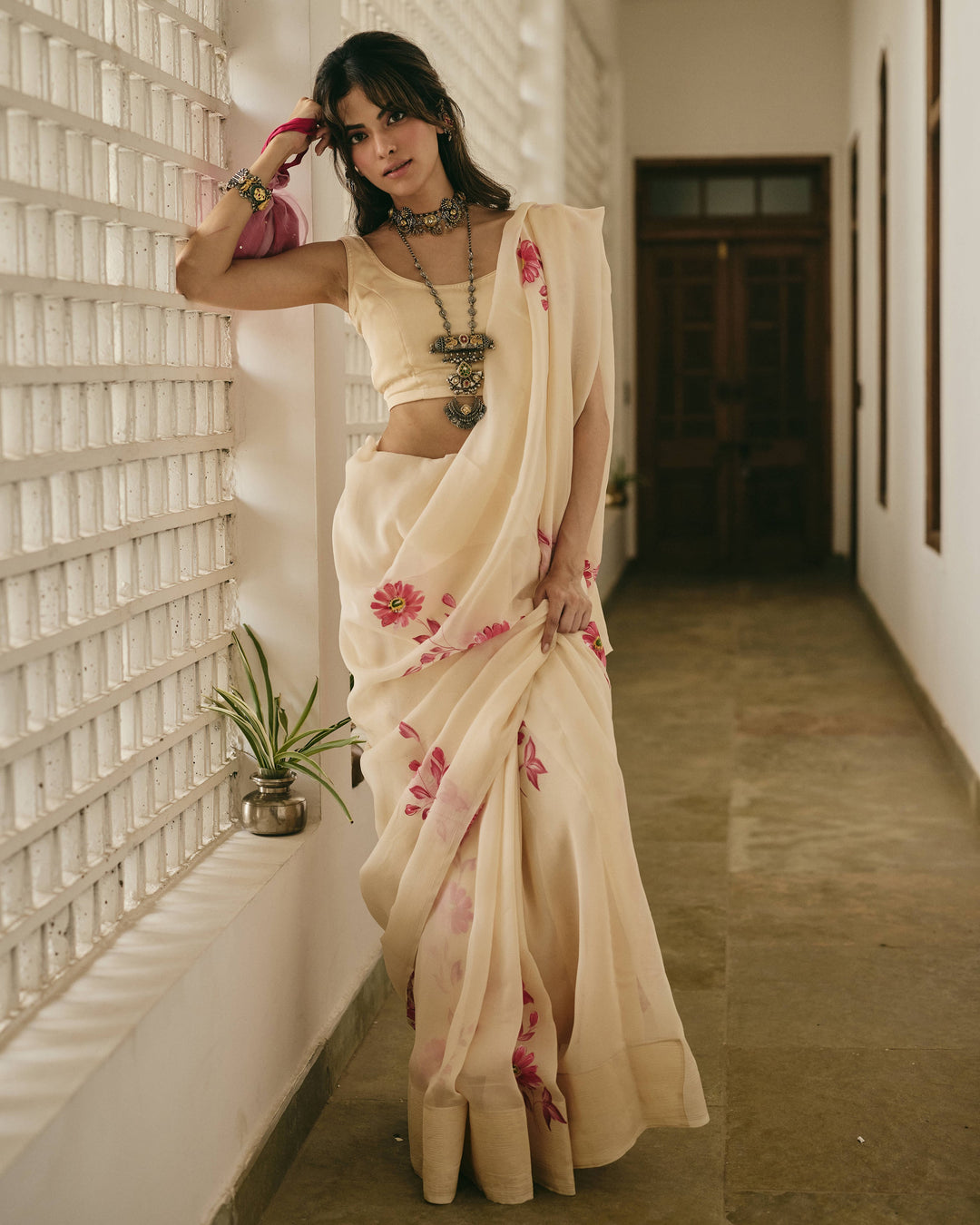 Iraaya Peach Handpainted Chiffon Saree