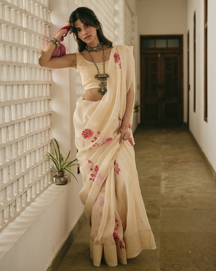 Iraaya Peach Handpainted Chiffon Saree