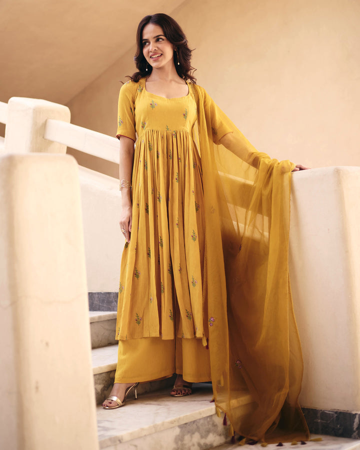 Zina Mustard Cotton Crush Printed Suit Set