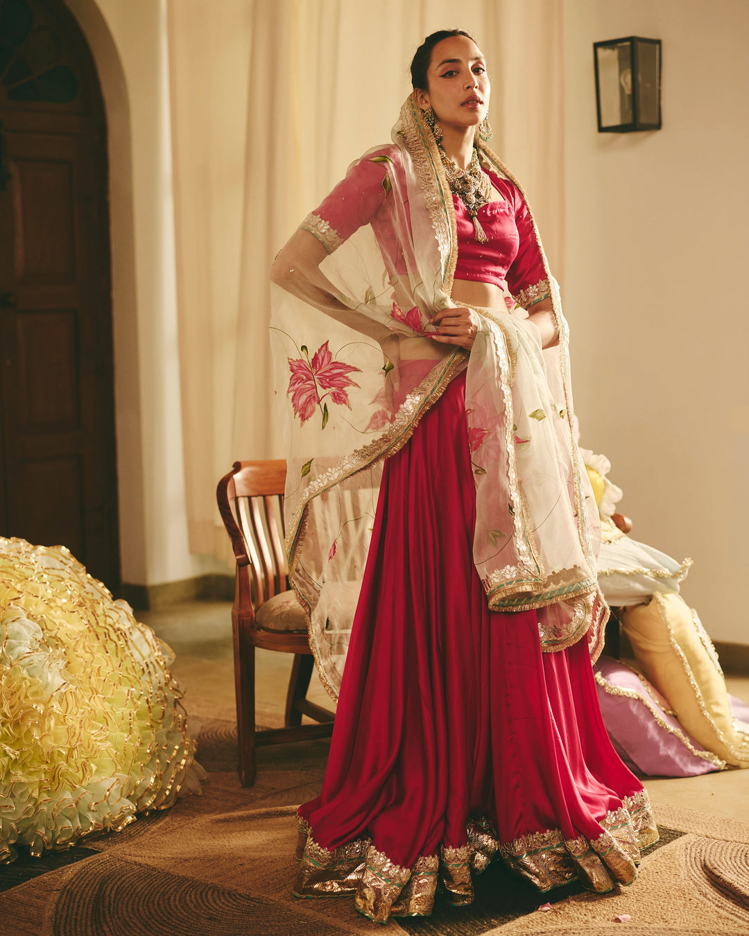 Kalvani Pink Handpainted Satin Lehenga Set