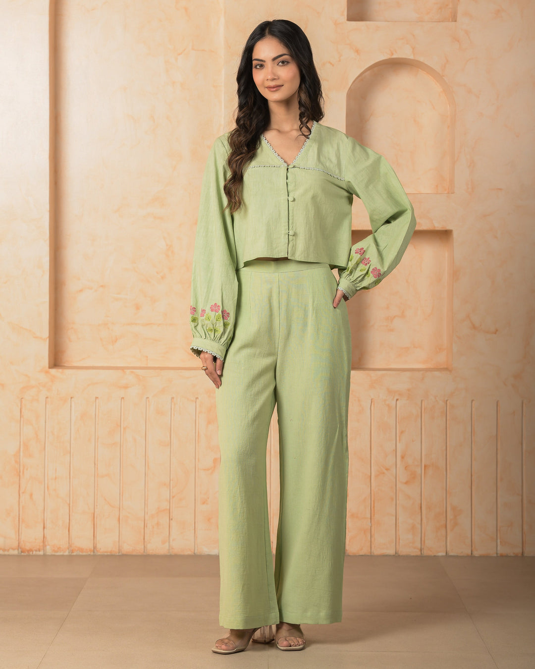 Oriel Green Embroidered Cotton Coord Set