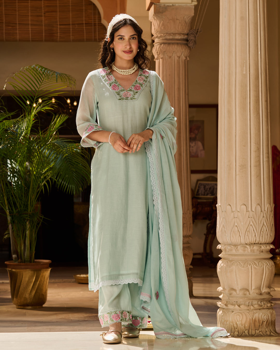 Neer Blue Embroidered Chanderi Suit Set