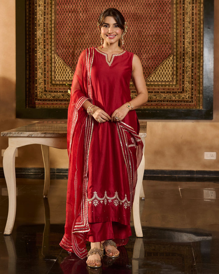 Jugni Maroon Solid Chanderi Suit Set