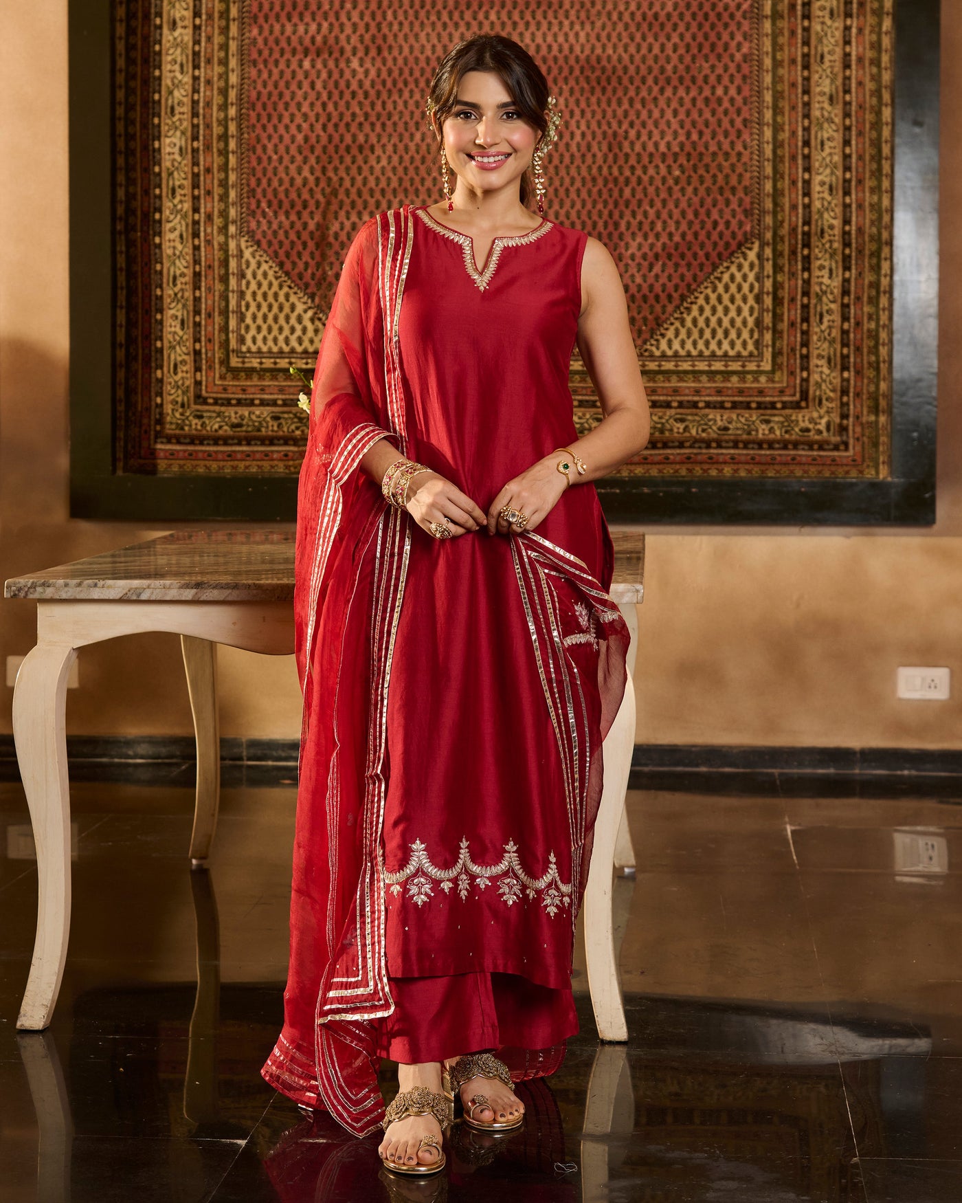 Jugni Maroon Solid Chanderi Suit Set
