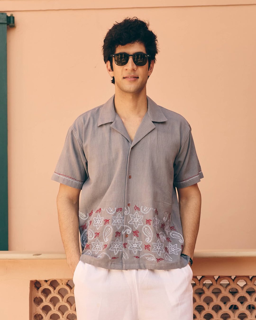 Nero Gray Cotton Flex Embroidered Shirt