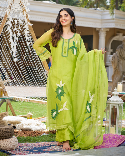 Daai Neon Green Applique Organza Dupatta